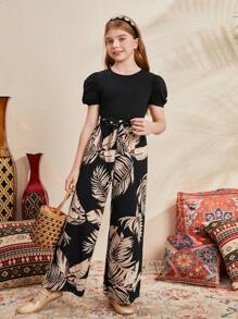 SHEIN Tween 女孩寬鬆休閒泡泡袖襯衫和熱帶印花長褲 2 件/套 - 彩色 - 查看 8