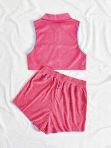 Soleia Women's Short Sleeve Crop Top With Letter And Flower Embroidery, Contrast Trim Elastic Waist Shorts Two Piece Set