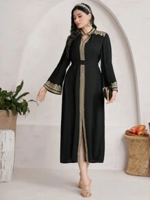 Al Najma 女款拼布編織腰帶長袖土耳其束腰外衣 - 黑色 - 查看 9