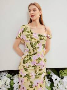 MOTF PREMIUM Vestido Estampado De Flores Con Ribete De Volantes Tejido - Multicolor - Ver 4