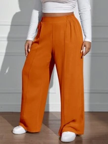 SHEIN EZwear 大尺碼女款純色百褶長褲 - 棕色 - 查看 3