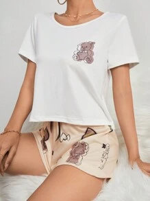 Women's Bear Print Top And Shorts Pyjama Set - Multicolor - View 3
