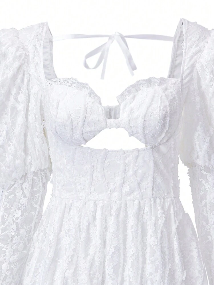 Women's Lace Mesh Puff Sleeve Dress