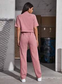 Mulvari Women's Short Sleeve Workwear Pocket Shirt And Pants Set 2 Pieces Set