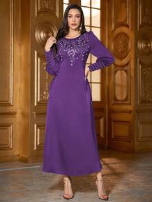 Women's Solid Color Round Neck Elegant Long Sleeve Maxi Arabic Dress With Rhinestone, Pearl Beading, Waist Tie Design, Soft & Comfortable, Suitable For Festivals, Daily Wear, Casual - Purple - View 6