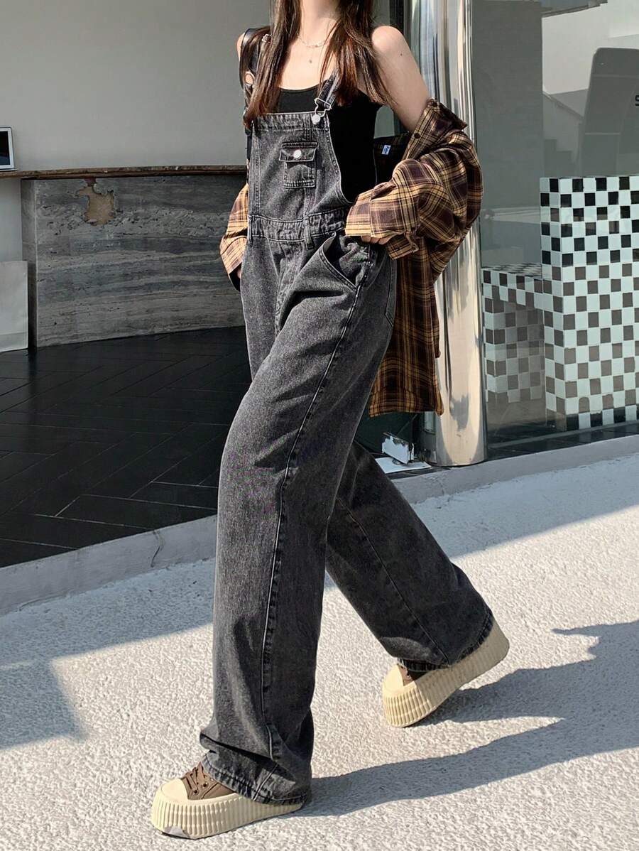 DAZY 直筒休闲牛仔背带裤 街头服饰 - 灰色 - 查看 1