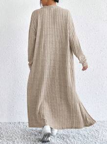 Women Long Sleeve Long Cardigan And Side Slit Sleeveless Dress Knit 2 Pieces Set - Apricot - View 4