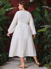 Al Najma Plus Size Floral Embroidery Lantern Sleeve Dress Fall Cloth For Women - White - View 2