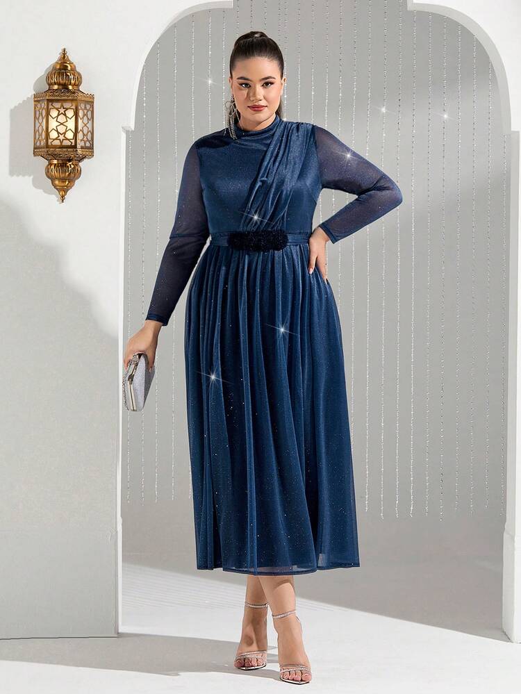 Plus Size Women's Stand Collar Mesh Long Sleeve Arabian Dress,Elegant Evening Party Dress Long Evening Dresses