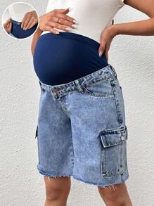 SHEIN Maternity Cargo Denim Shorts With Pockets - Light Wash - View 1