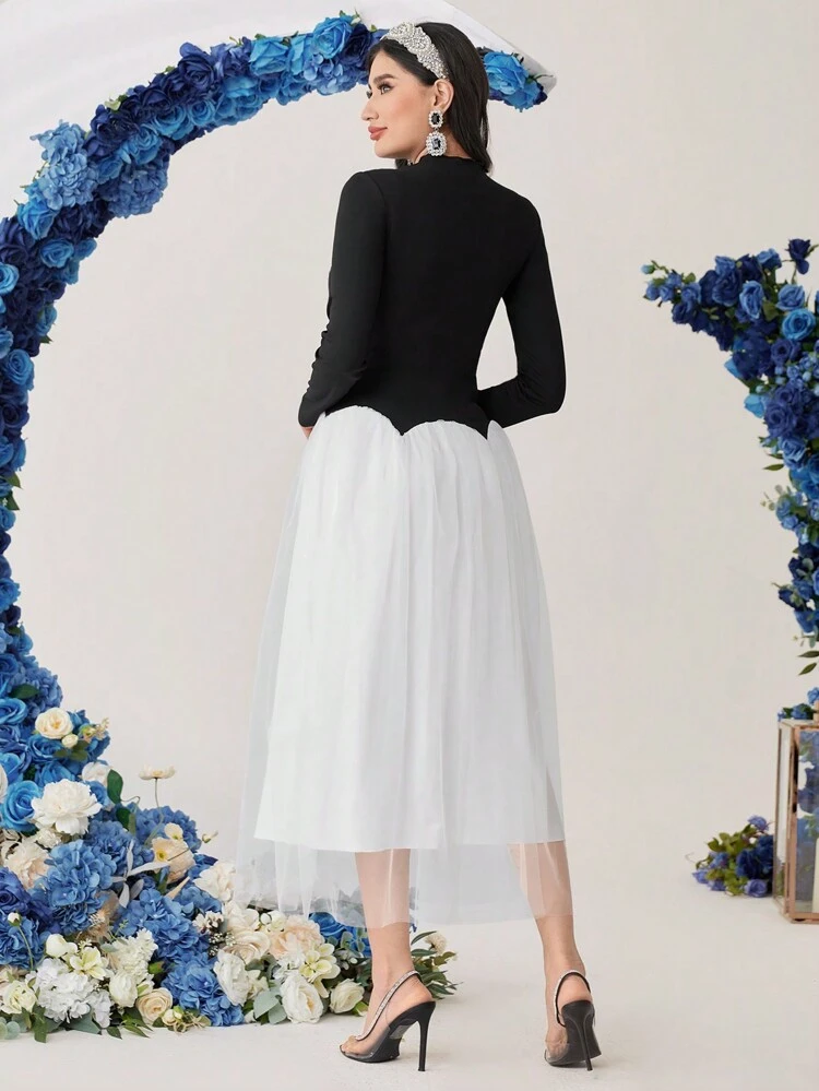 Women's Color Block Dress With Stud Decoration Long Evening Dresses