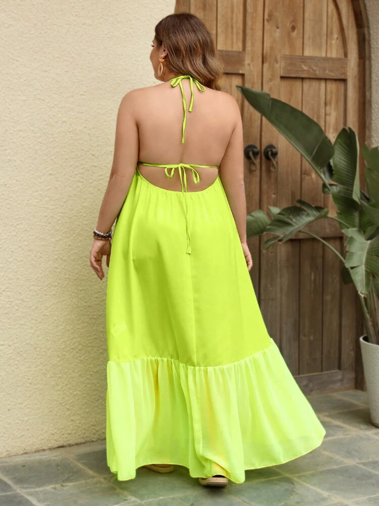 Plus Size Backless Halter Neck Dress With Cutout Front And Knot Detail