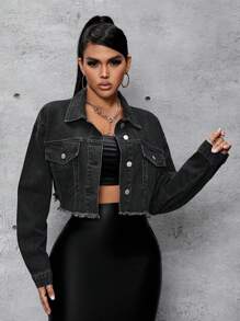 SHEIN SXY Flap Detail And Frayed Hem Decorated Denim Jacket