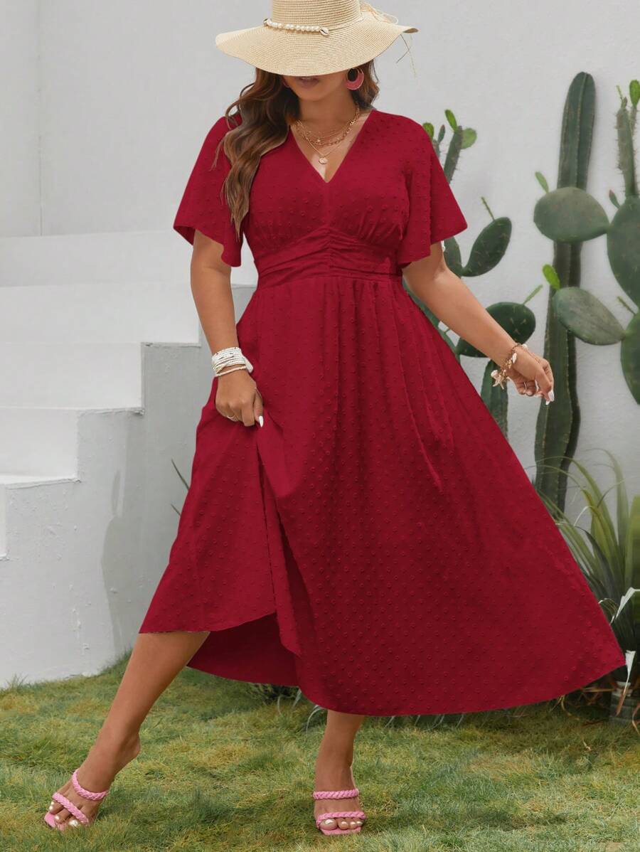 SHEIN VCAY Plus Size Solid Color Waist-Cinched Dress - Burgundy - View 1