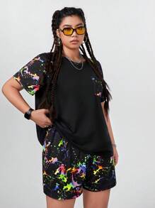 SHEIN Coolane 女士大尺碼彩色油漆潑濺圖案 T 恤和短褲套裝 - 彩色 - 查看 5