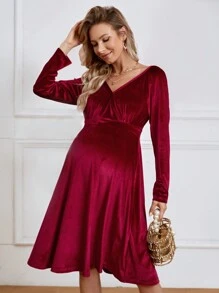 SHEIN Maternity Wine Red Velvet Dress - Burgundy - View 1