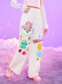 ROMWE X Care Bears Cartoon Bear Print Wide Leg Jeans - White - View 1