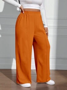 SHEIN EZwear 大尺碼女款純色百褶長褲 - 棕色 - 查看 4