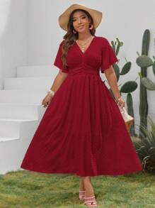 SHEIN VCAY Plus Size Solid Color Waist-Cinched Dress - Burgundy - View 5