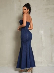 SHEIN SXY 女士磨边露肩超长牛仔连衣裙 - 深色水洗藍 - 查看 3