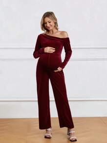 SHEIN Maternity Asymmetrical Collar Long Sleeve Jumpsuit - Burgundy - View 3