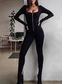 Women's Square Neck Zipper Front Long Sleeve Jumpsuit - Black - View 1