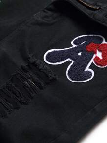 Men Letter Patch Detail Ripped Jeans Without Belt - Black - View 5