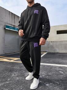 Manfinity Roughcore Men's Plus Size Letter Printed Hooded Sweatshirt And Pants Set - Black - View 3