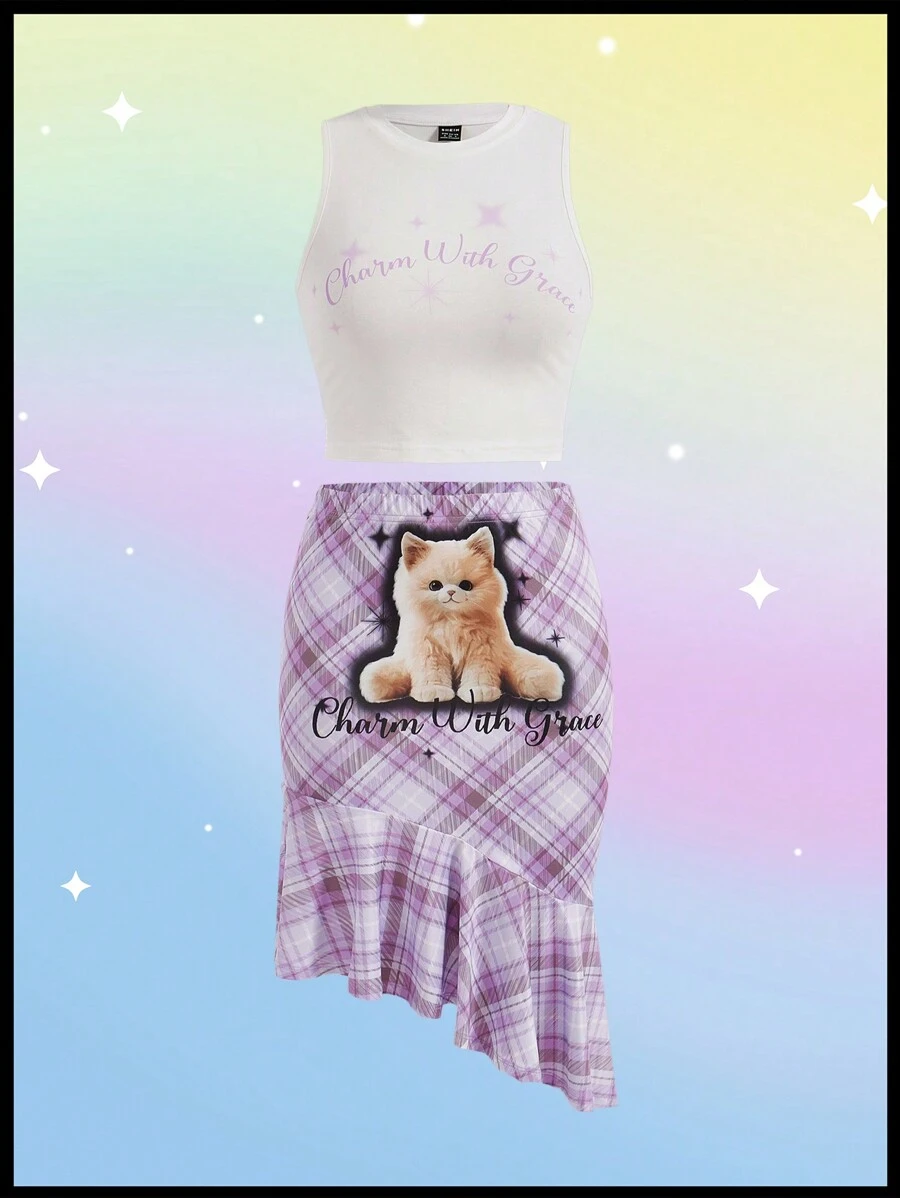 SHEINNeu Kidcore Dopamine Women's Two-Piece Set Of 3D Cute Cat Vest And Cat Plaid Print Bodycon Fishtail Skirt - Multicolor - View 1