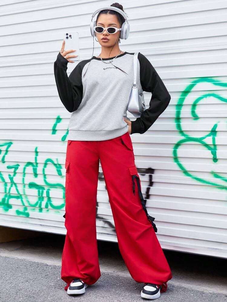 Letter Print Color-Block Raglan Long Sleeve Sports Sweatshirt