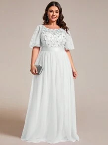 EVERPRETTY Plus Flutter Sleeve Sequin Mesh Wedding Dress - White - View 1