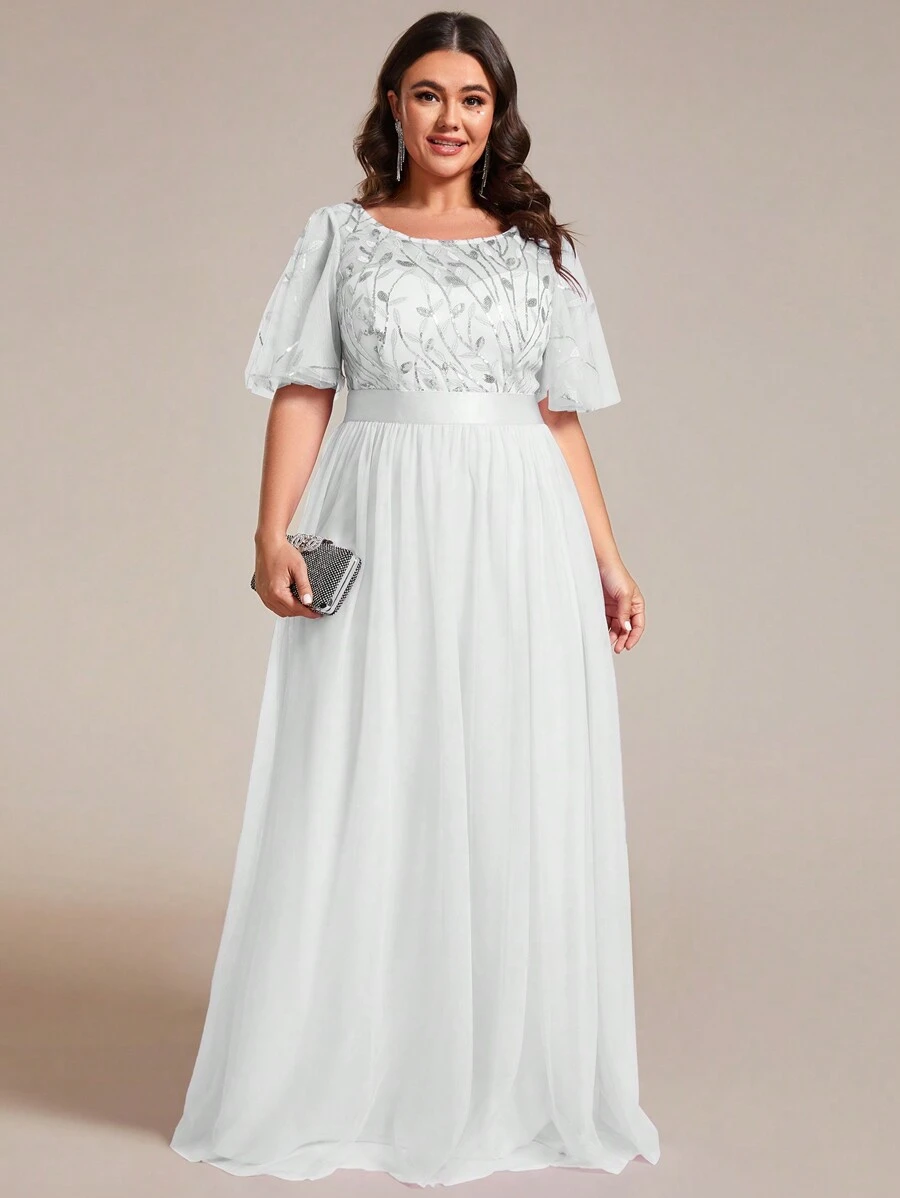 EVERPRETTY Plus Flutter Sleeve Sequin Mesh Wedding Dress - White - View 1