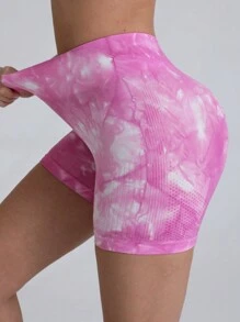 Tie Dye Wideband Waist Sports Shorts Legging ShortsWomen Sweat Short, Gym Short, Biker Short - Pink - View 2