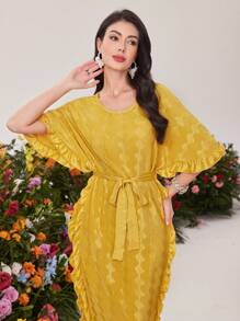 Modelyn Women's Solid Color Textured Ruffle Hem Batwing Sleeve Dress Long Evening Dresses - Yellow - View 3