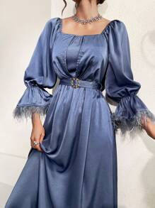 Modelyn 女士毛茸茸袖口鈴袖方領裙 - 藍色 - 查看 3