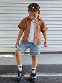 SHEIN 男孩休閒寬鬆編織字母印花短袖t恤 - 棕色 - 查看 5