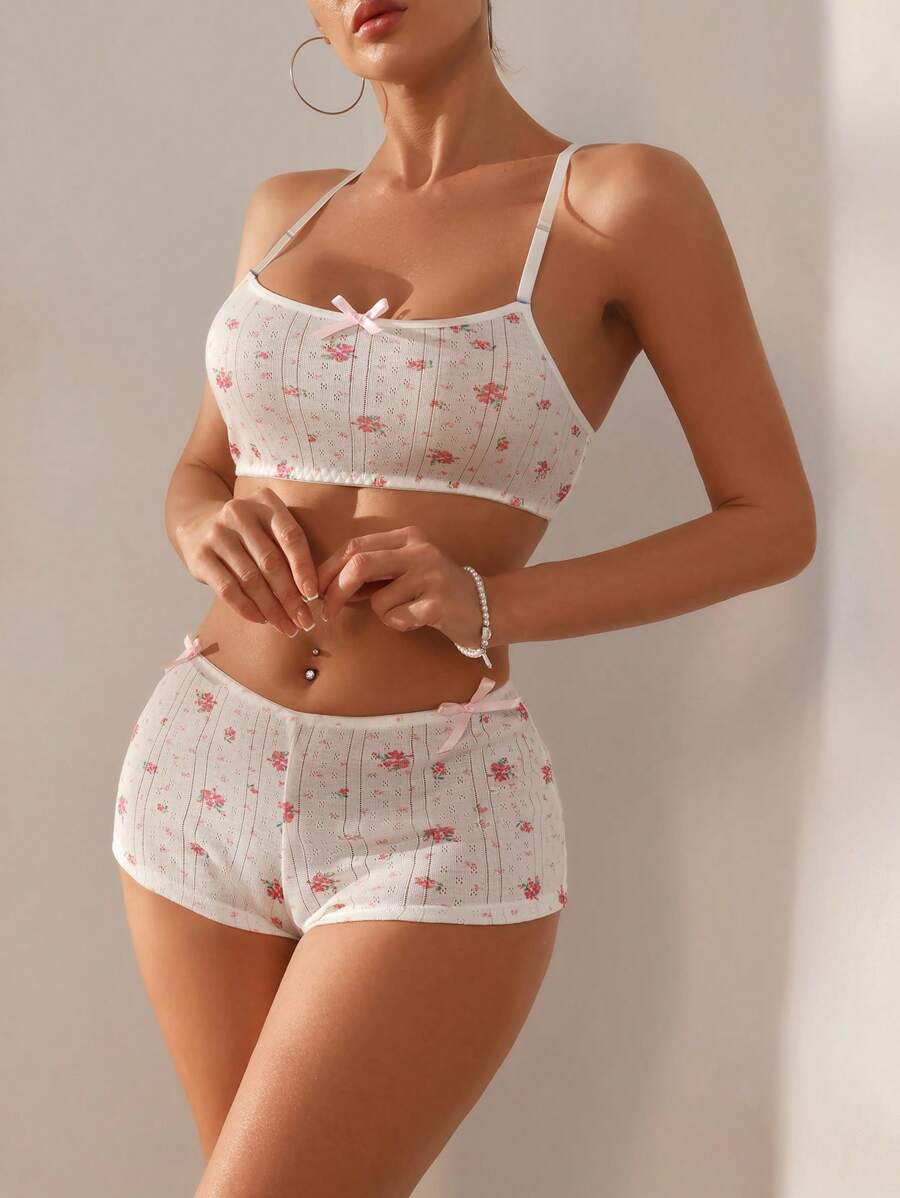 SHEIN Conjunto de lencería con estampado floral diminuto para damas - Blanco - Ver 1