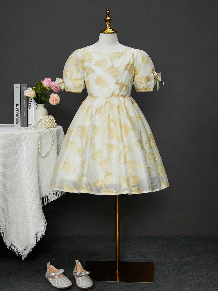 Eid Al-Adha Tween Girls Princess Style Short Dress With Bow, Jacquard, Floral, Puff Sleeves And Bubble Hem, Spring & Summer