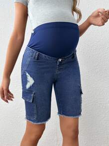 SHEIN Maternity Adjustable Waist Ripped Cargo Denim Shorts - Dark Wash - View 4