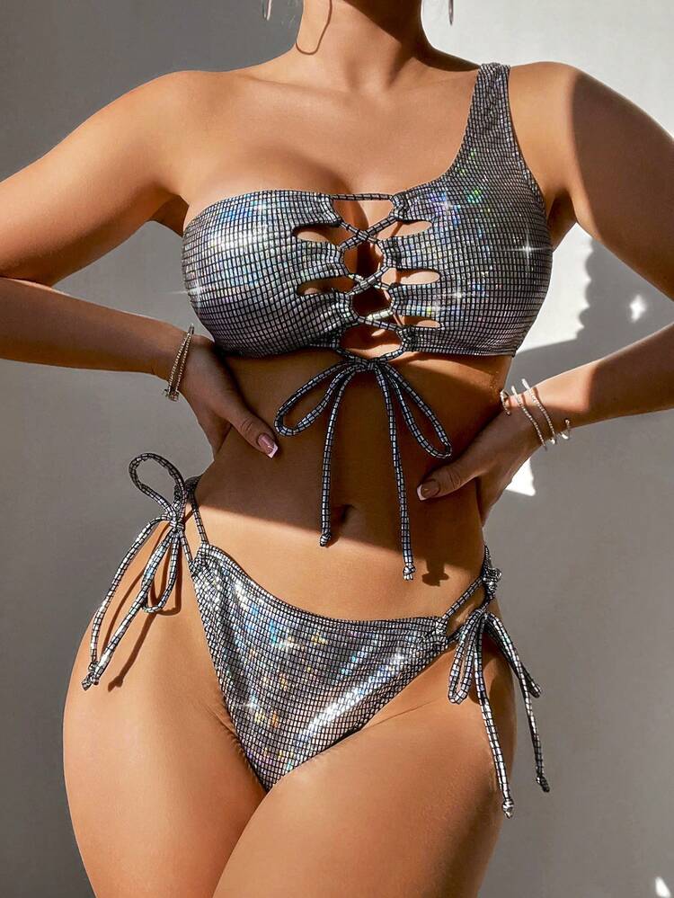 One-Shoulder Strap Hollow Out Bikini Set Summer