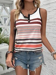 SHEIN LUNE 彩色條紋鈕扣式半扣背心上衣 - 白色 - 查看 4