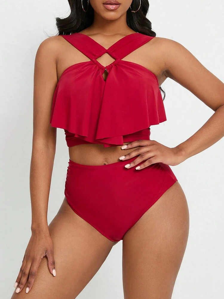Hollow Out & Ruffle Trim Decor Bandeau Bikini Set Summer