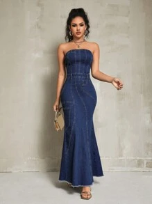 SHEIN SXY 女士磨边露肩超长牛仔连衣裙 - 深色水洗藍 - 查看 6