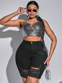 SHEIN SXY 大碼破洞彈性牛仔短褲 - 黑色 - 查看 5