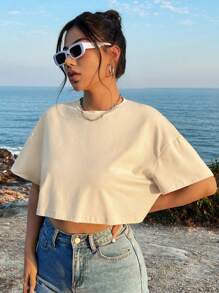 SHEIN VCAY Áo thun cổ tròn tay ngắn trễ vai đơn giản giản dị cỡ lớn dành cho nữ, phù hợp cho mùa hè, chất liệu cotton pha trộn - Màu be - Xem 4