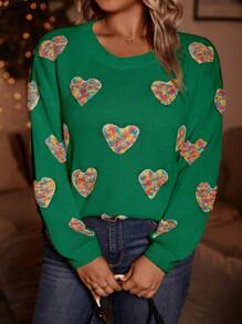 Calvaya Women's Plus Size Heart Pattern Pullover Sweater Knit Pullover Fall Winter - Green - View 7