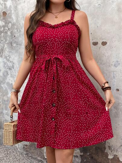 Breezaya Plus Size Women's Polka Dot Printed Spaghetti Strap Summer Boho Dress For New Year