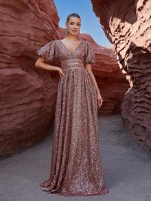 LOVE&LEMONADE Pailletten Ballonärmel Formelles Kleid - Braun - Übersicht 4