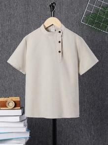 SHEIN Tween Boys' Loose Fit Cute Stand Collar Solid Weave Short Sleeve Shirt - Khaki - View 3