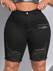 SHEIN SXY 大碼破洞彈性牛仔短褲 - 黑色 - 查看 1